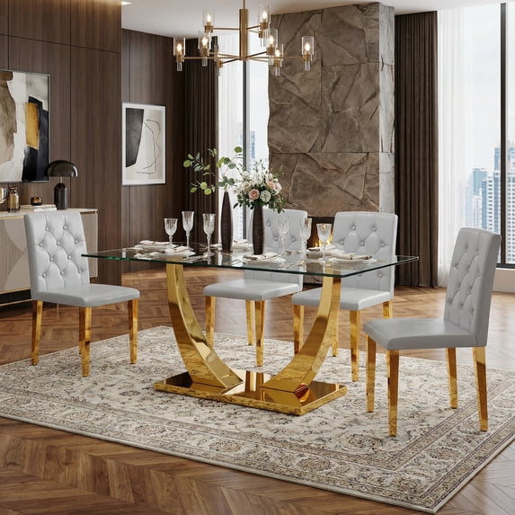 Sumdeal Modern Minimalist Dining Table and Chair Set: 6-8 Person Tempered Glass Dining Table and 4/6 Buckle-Back PU Chairs, Complete Kitchen/Dining Room Furniture for Home and Office