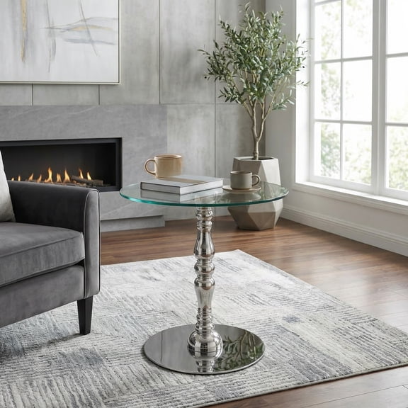 Sumdeal Modern Round Glass Side Table  19.7 Inch Tempered Glass End Table with Rust-Proof Stainless Steel Base  Tool-Free Twist Assembly Nightstand for Living Room, Bedroom & Small Spaces (Silver)