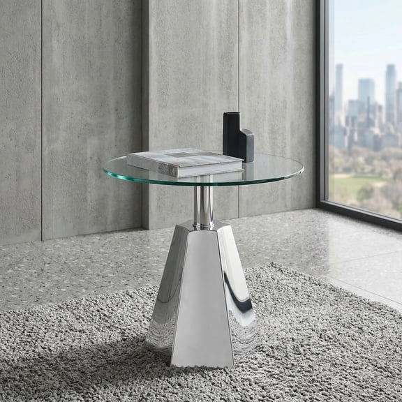 Sumdeal Modern Round Glass Side Table with Geometric Stainless Steel Base - 19.7" (50cm) Accent End Table for Living Room & Bedroom - Tempered Glass Top, Tool-Free Assembly (Silver/Chrome)