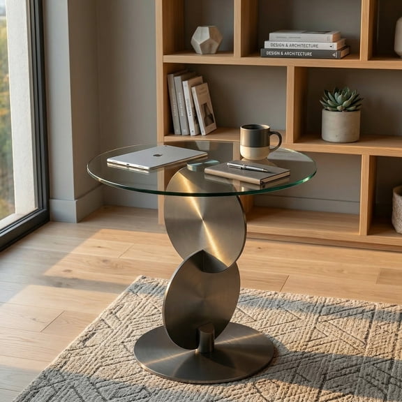 Sumdeal Modern Round Side Table, 19.7" Grey Tempered Glass End Table with Artistic Brushed Stainless Steel Spiral Base, Contemporary Accent Pedestal Table for Living Room, Sofa & Bedroom, 20.5" H