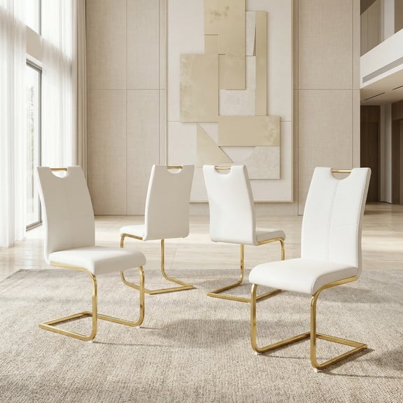 Sumdeal Modern White Pu Leather Dining Chair Set with Golden C-shaped Metal Legs,Set of 4
