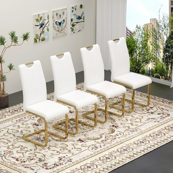 Sumdeal Modern White Pu Leather Dining Chair Set with Golden C-shaped Metal Legs,Set of 4