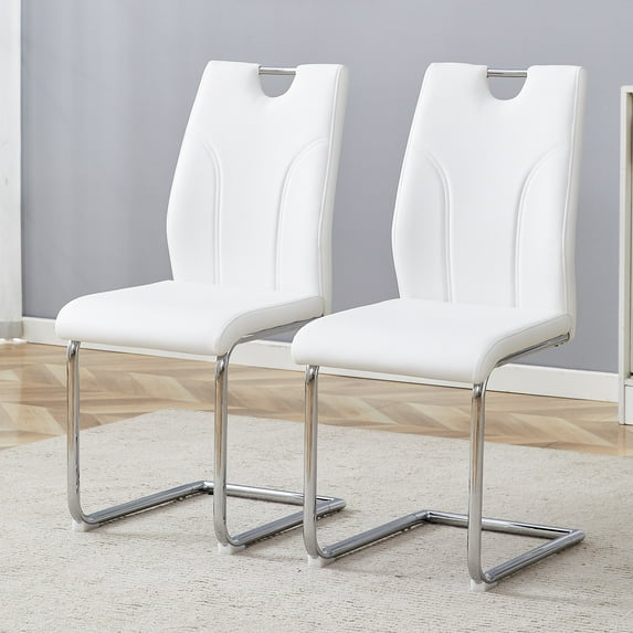Sumdeal Modern White Pu Leather Dining Chair Set with Silver C-shaped Metal Legs,Set of 2