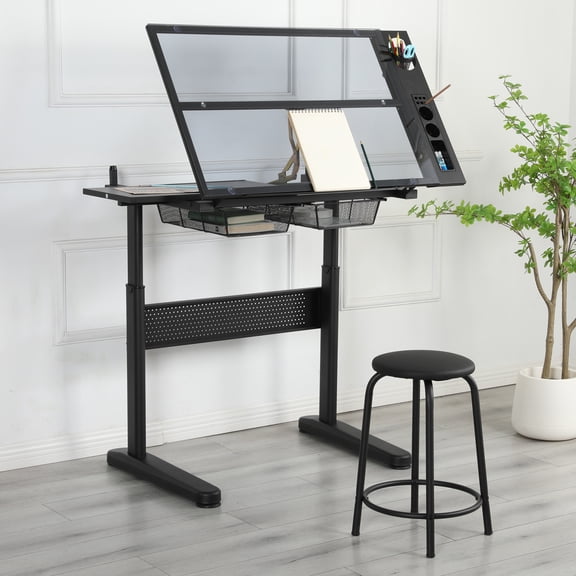 Sumdeal Multifunctional Drafting Table with Stool,Hand Crank Adjustable Drawing Desk with 2 Metal Drawers and 1 Chair, Tiltable Glass Tabletop Diamond Painting Table with Chairs,Black