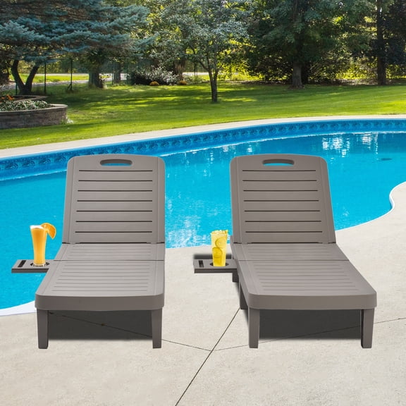 Sumdeal Outdoor Chaise Lounge Set of 2 with Retractable Side Tray, Adjustable Backrest and Sturdy Plastic Frame, Perfect for Patio, Poolside, Garden and Beach,Gray