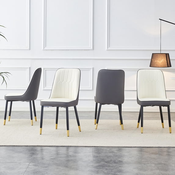 Sumdeal PU Leather Dining Chairs with Black Metal Legs (Kitchen, Bedroom, Office),Set of 4,White Gray