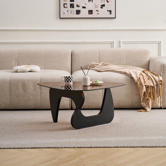 Sumdeal Rectangular Black Glass Top Coffee Table with Brown Wood Base, Mid-Century Modern Living Room Center Table, 43.3 in L x 29.5 in W