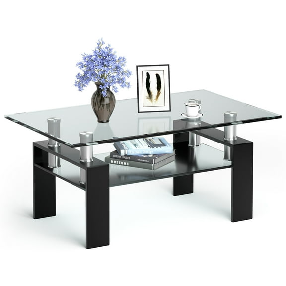 Sumdeal Rectangular Glass Coffee Table, Modern Side Coffee Table for Living Room Office,Black