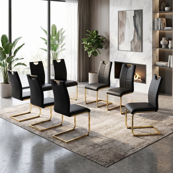 Sumdeal Set of 8 Modern PU Leather Dining Chairs, Black High Back Kitchen Chairs with Gold C-Shaped Metal Legs for Dining Room