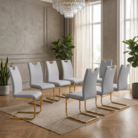Sumdeal Set of 8 Modern PU Leather Dining Chairs, Light Gray High Back Kitchen Chairs with Gold C-Shaped Metal Legs for Dining Room