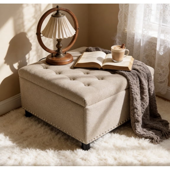 Sumdeal Tufted Storage Ottoman with Nailhead Trim - Camel Upholstered Footstool
