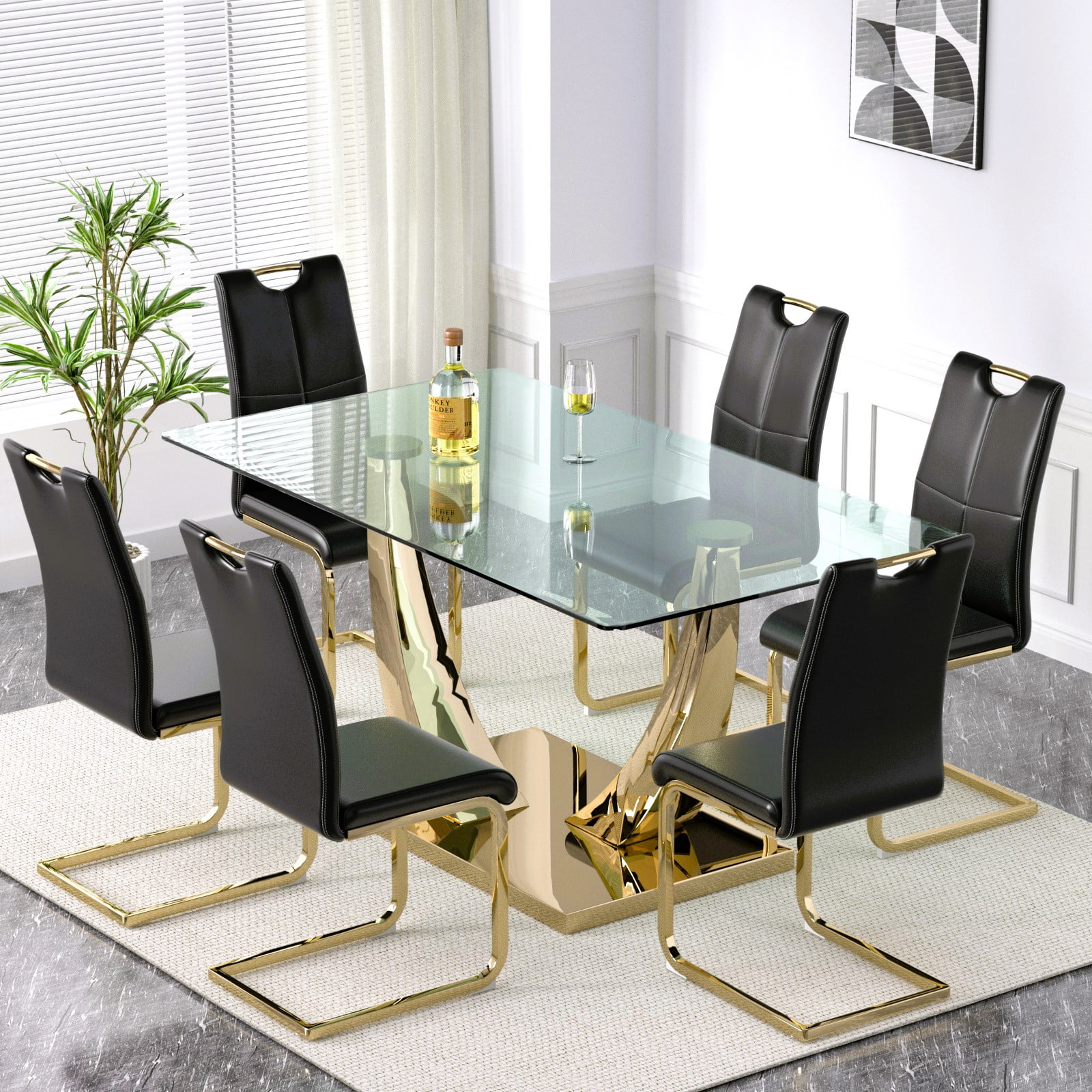 Sumdeal Uptown 7 Piece Adult Glam Metal Dining Table with Chair Gold