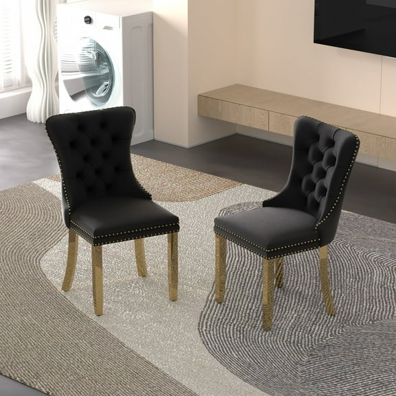 Sumdeal Velvet Dining Chairs Set of 2, Tall Back Side Chair, Modern Upholstered High-end Tufted Side Chair with Button Back Ring,Black with Golden Leg