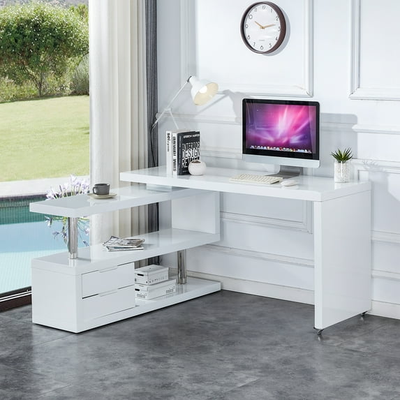 Sumdeal White Minimalist Corner Bookshelf and Office Desk with Integrated Computer Desk, Writing Table, and Simple Design for Small Home