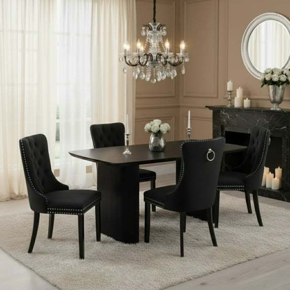 Sumdeal's 5- or 7-piece modern dining set includes a black woodgrain MDF dining table and 4 or 6 velvet high-back chairs, perfect for dining rooms, kitchens, and home decor.