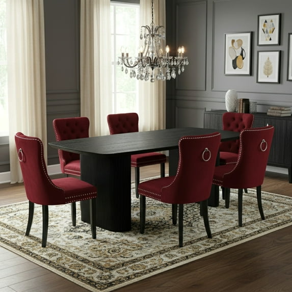 Sumdeal's 5- or 7-piece modern dining set includes a black woodgrain MDF dining table and 4 or 6 velvet high-back chairs, perfect for dining rooms, kitchens, and home decor.