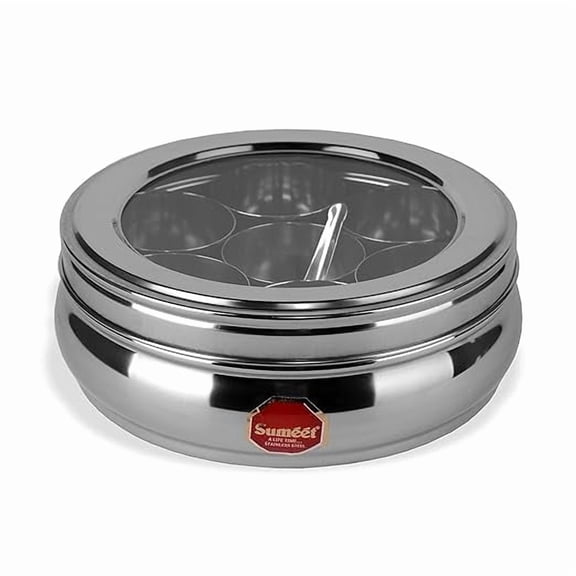 Sumeet Stainless Steel Belly Shape Masala (Spice) Box/Dabba/Organiser With See Through Lid With 7 Containers And Small Spoon (Medium) Beige