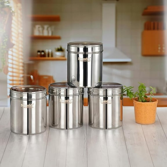 Sumeet Stainless Steel Containers/Jars/Dabba for Kitchen Storage with See Through Lids set of 4Pcs, 1350ml capacity each, 11.7cm Dia, Silver