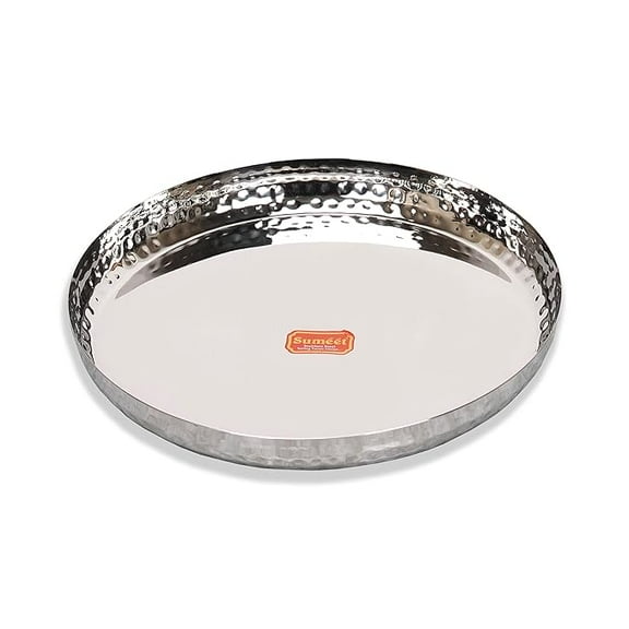 Sumeet Stainless Steel Handcrafted Hammered Texture Heavy Gauge Mirror Finish Royal Dinner Plate 1pc, 29.5cm Dia