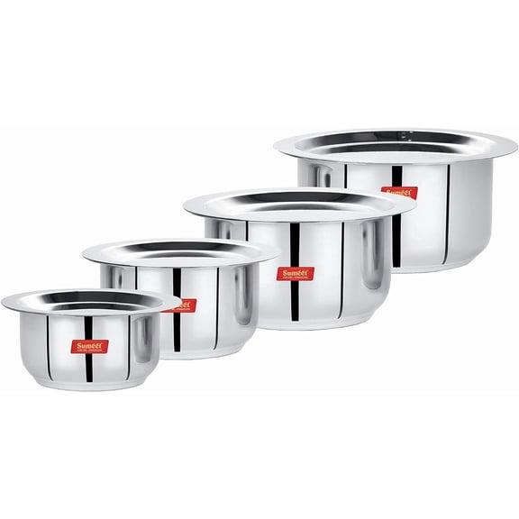 Sumeet Stainless Steel Mini to Small Size Flat Bottom Induction & Gas Stove Friendly Tope/Patila/Cookware Set of 4Pcs with Lids (370ML, 550ML, 800ML, 1100ML)