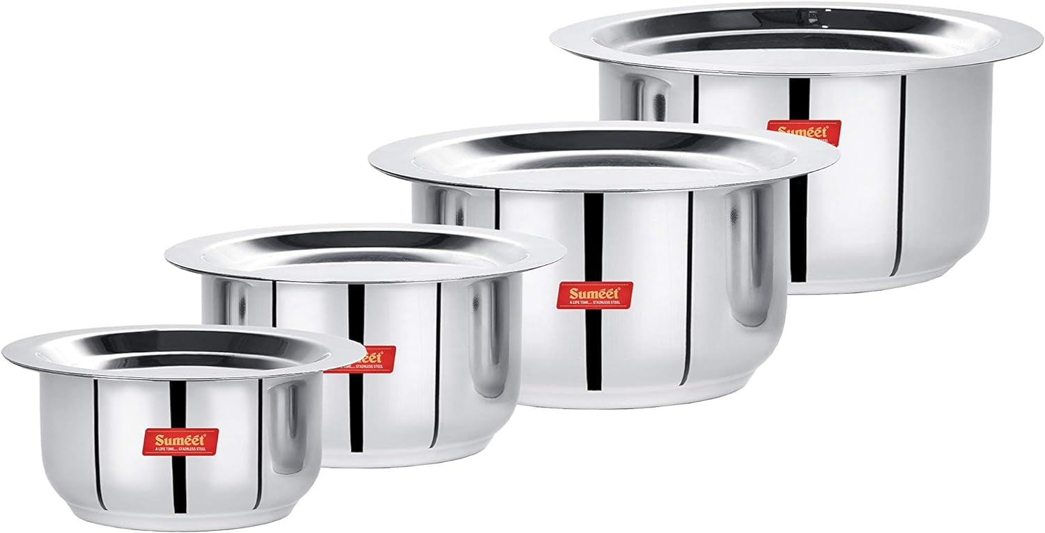 Sumeet Stainless Steel Mini to Small Size Flat Bottom Induction & Gas Stove Friendly Tope/Patila/Cookware Set of 4Pcs with Lids (370ML, 550ML, 800ML, 1100ML)