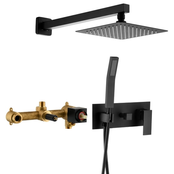 Sumerain Matte Black Rainfall Shower System With Hand Shower, Pressure Balancing Valve