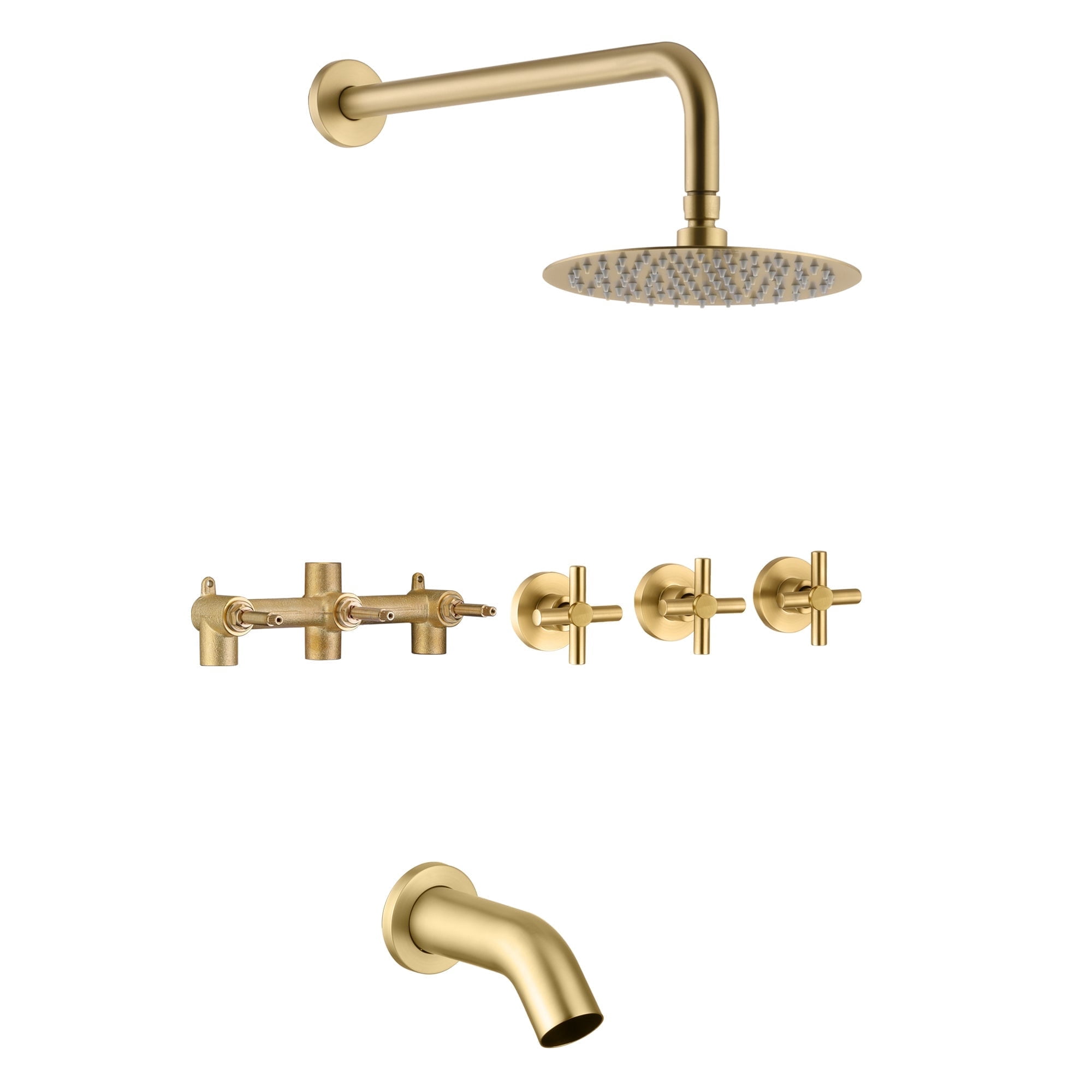 SUMERAIN 3 Handle Tub Shower Faucet Set with Waterfall Tub Spout and 3-Cross Handles, Wall Mounted Rainfall Bathtub Shower Faucet Brushed Gold