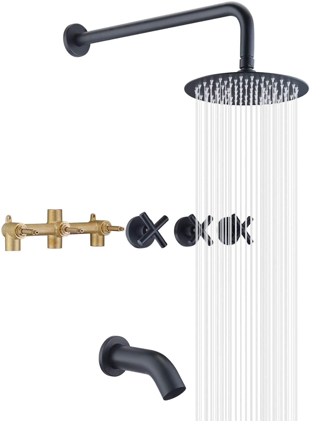 Sumerain 3 Handle Tub Shower Faucet,Matte Black Bathtub Faucet Set with Waterfall Tub Spout,Tub and Shower Trim Kit with Valve