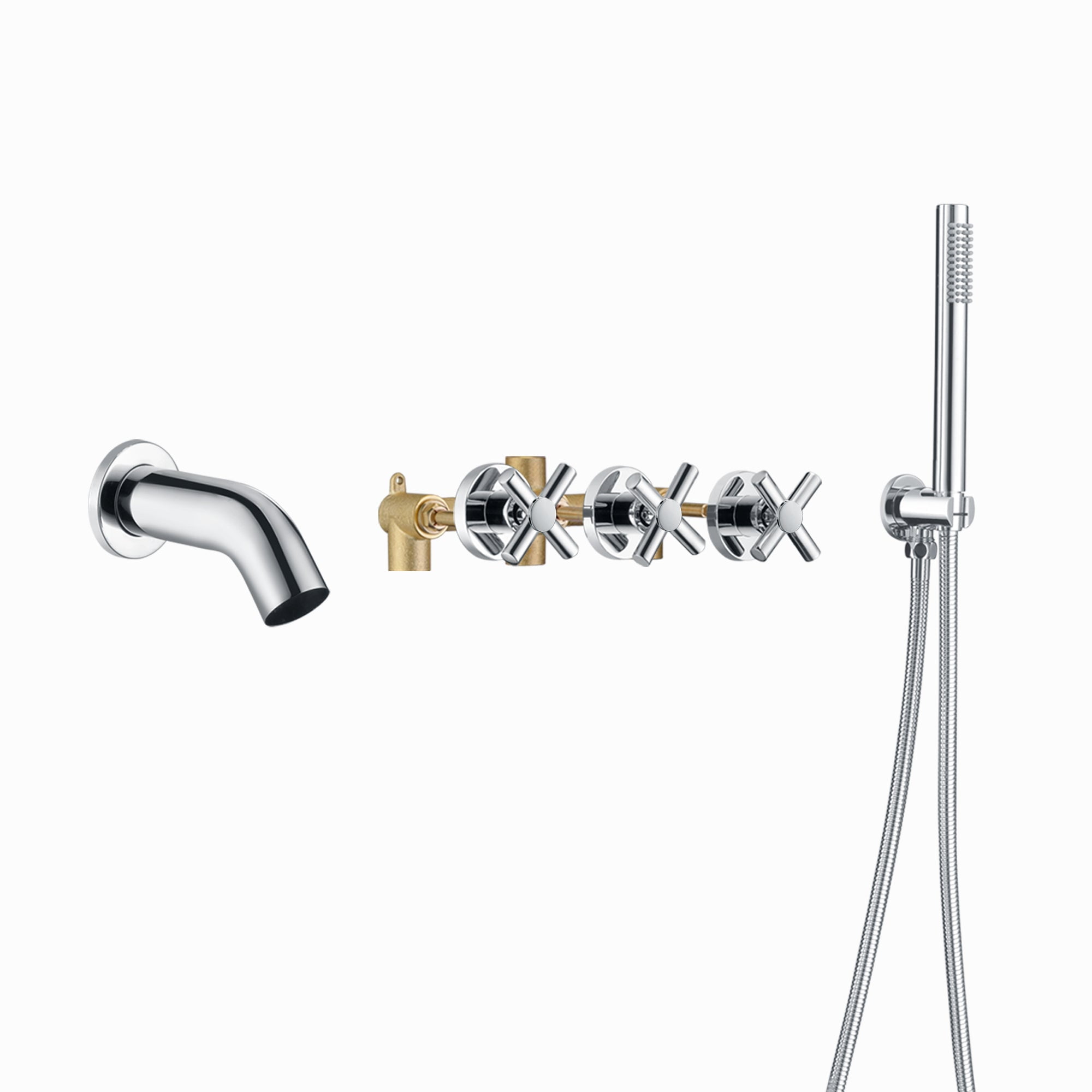 Chrome Wall Mount Triple Handle Tub Faucet with Handheld Shower