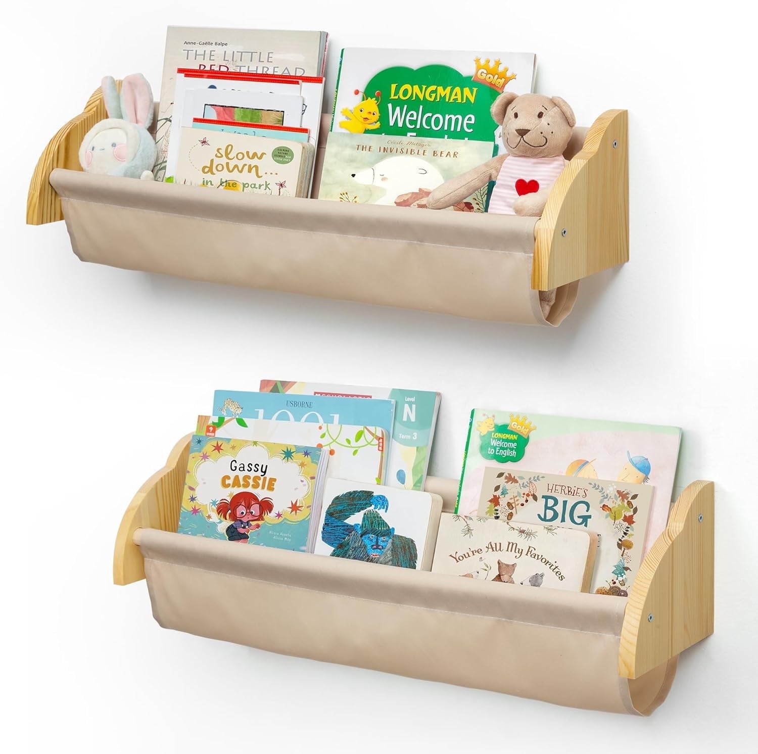 Sumgar Nursery Book Shelves for Kids Rooms Floating Shelf for Wall Mount Book Storage Wooden Organizer Rack for Toddler Baby Childrens Bedroom Playroom, Canvas Set of 2, Home Decor Gift for Christmas