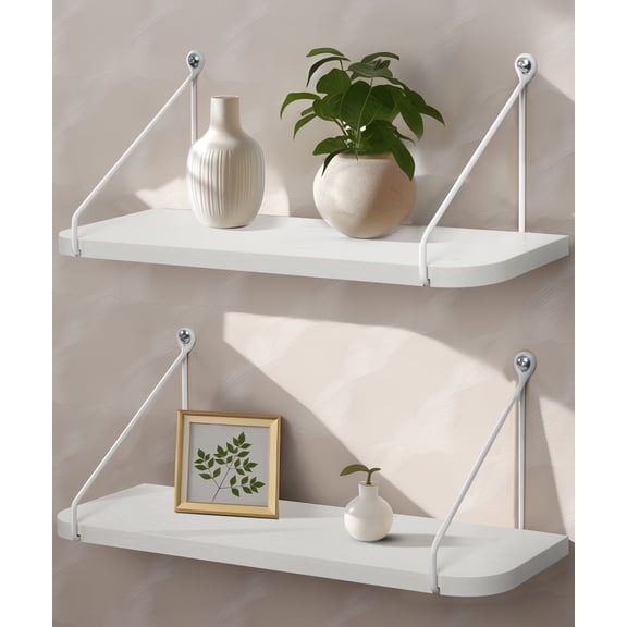 Sumgar Floating Shelves Bathroom 16in White Hanging Shelf Set of 2 for Room Wall or Over Toilet, Modern Storage Shelving Display Organizer for Bedroom