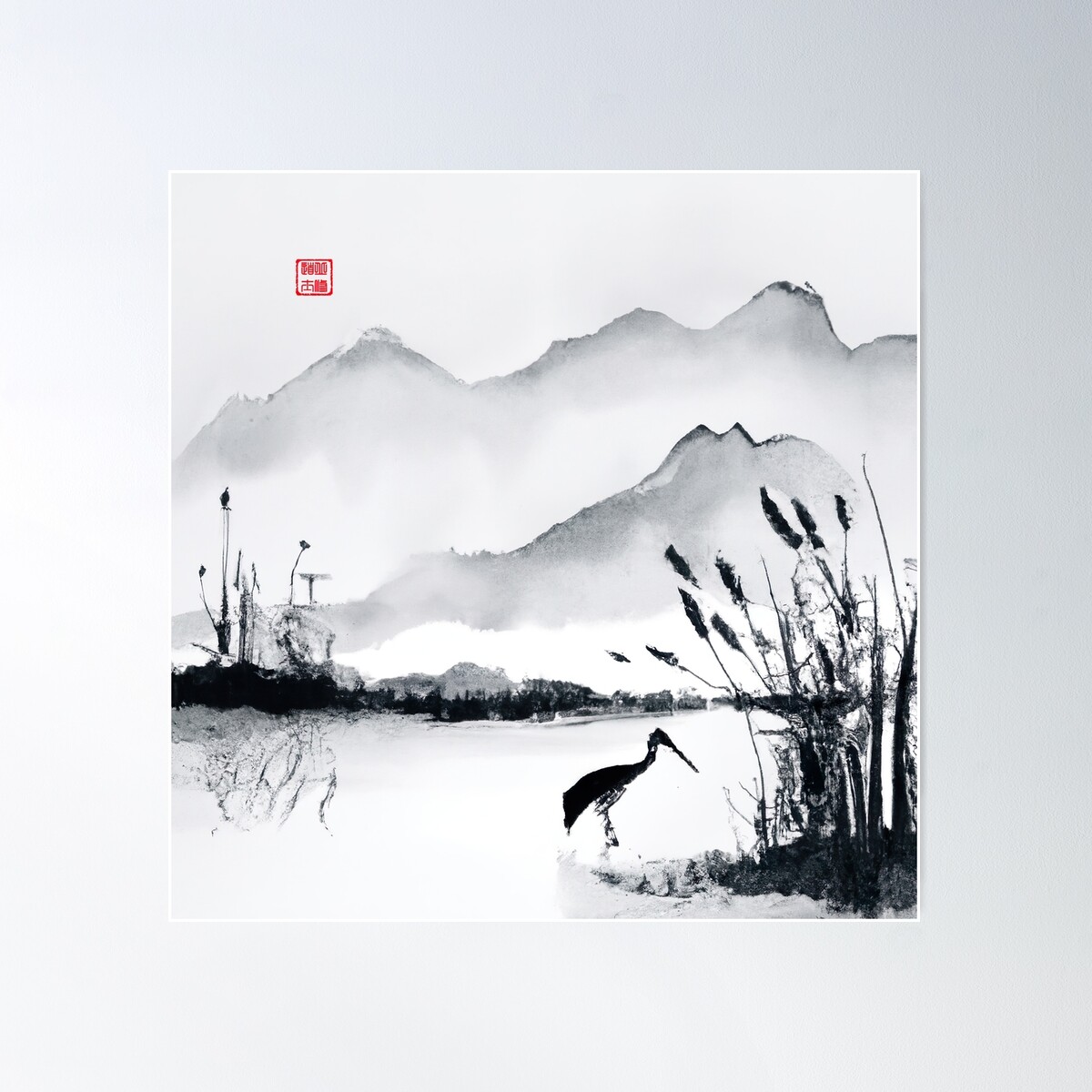 Sumi-E Japanese Ink Painting, Crane In Pond With Reeds Poster Wall Art ...