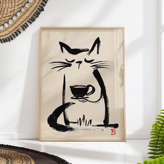 Sumi-e Coffee Cat Wall Art Print, Unframed Paper Poster 8x10in