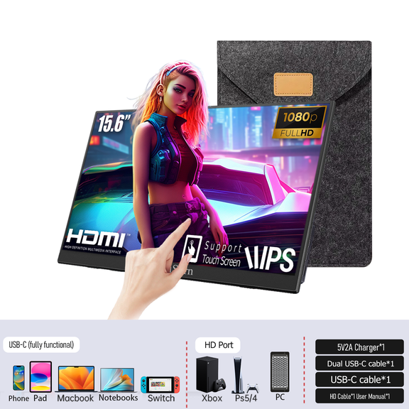 SumiScrn 15.6'' Portable Monitor with Touch, HD FHD, 1080P, 60Hz, for Phones, Android Laptop PC, with Speaker