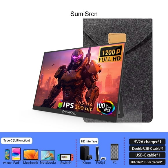 SumiScrn 16'' 165HZ Portable Monitor 1920*1200P FHD IPS USB-C HDMI For Laptop Computer Phone PC PS4 Game Console