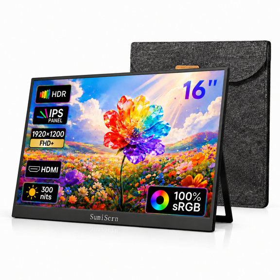 SumiScrn 16" Portable Monitor 100%sRGB, 1200P FHD IPS, 60Hz, for Laptop, Desktop, Phones, MacBook, Xbox PS4/5