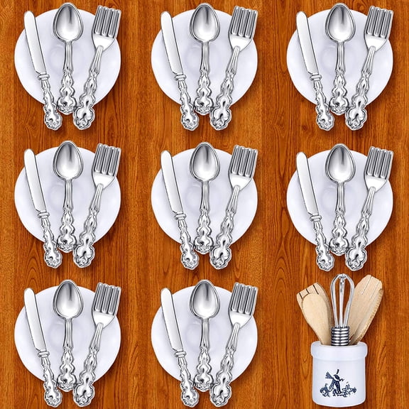 Sumind 12 Pcs 1:12 Scale Miniatures Dollhouse Plates 12 Mini Dollhouse Plates Knife Fork Spoon, Kitchen Accessories Tableware Furniture Decoration