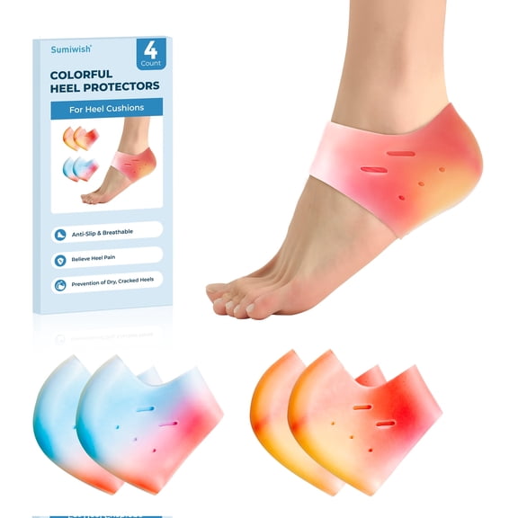 Sumiwish 2 Pairs Silicone Heel Protectors，Plantar Fasciitis Heel Cup for Cracked Heel,Achilles Tendonitis and Dry Cracked Heel,Gel Heel Pads for Women & Men,Rainbow Colors