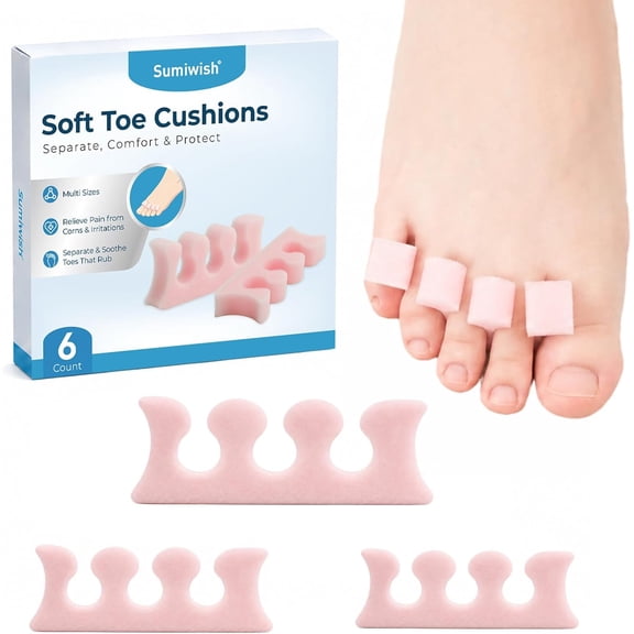 Sumiwish 6 Pack Foam Toe Spacers For Corns, Blisters, Hammer Toe, Bunions, Overlapping Toes - Multi-Size