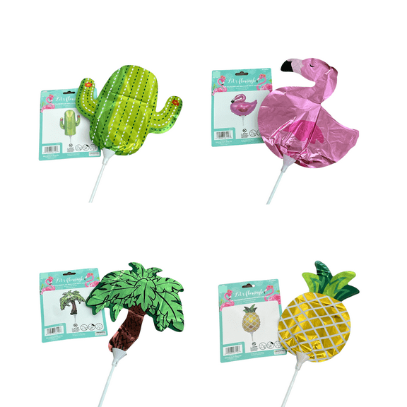Summar Luau Party Flamingo, Pineapple, Palm Tree, and Cactus Mylar Foil Balloons with Holder; "Lets Flamingle"; Set of 4 Styles