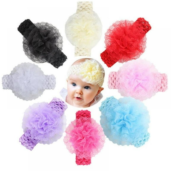 Summark 8Pcs Chiffon Flower Lace Elastic Headband Baby Baptism Headband Baby Girl Baptism Headband Bow, 0-3 Years Old