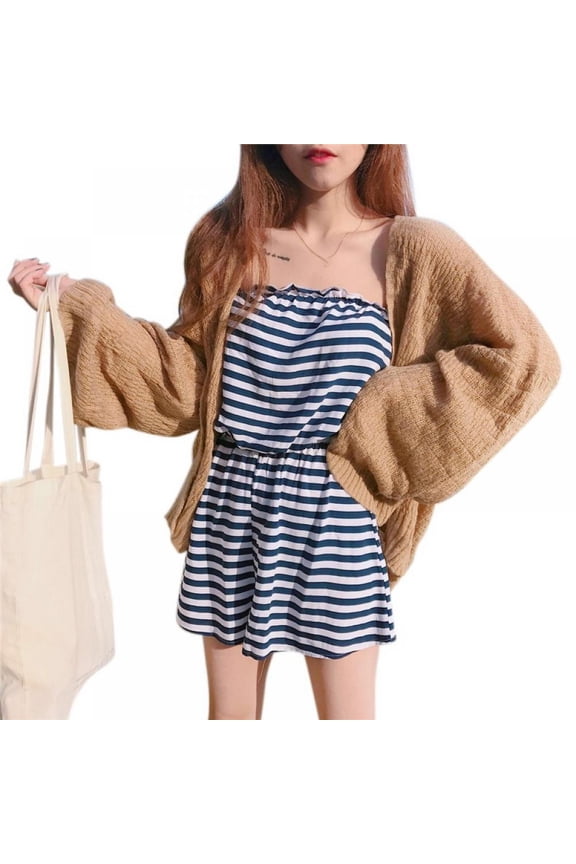 Summark Women's Korean College Style Lazy Loose Sunscreen Cardigan Summer Sexy Knitting Cardigan Average Size