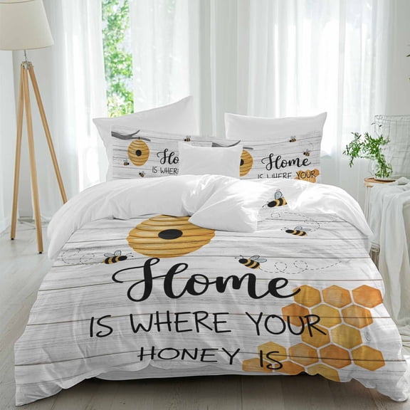 Summber Bee Queen Size Comforter Set, Home Honey Letter Retro Wood Grain Texture Bedding for All Seasons, 4 Pcs Bed Set, 1Quiltcover (90"x92") ,1Sheet(94"x116"), 2Pillowcases (30"x20")