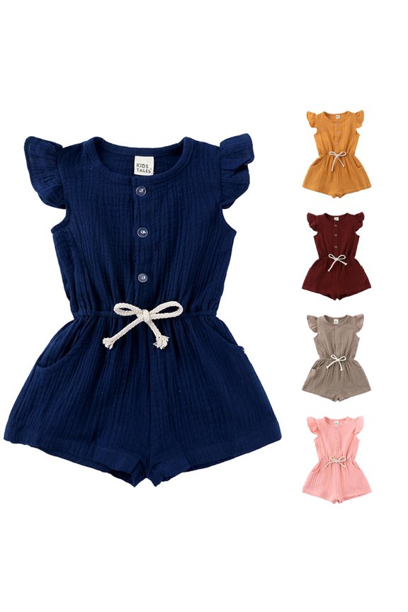 Summer 1 Piece Outfit Baby Girls Button Up Romper Jumpsuit Fly Sleeve Solid Playsuit Clothes 9 Months Baby Girl Dresses 6-12 Months