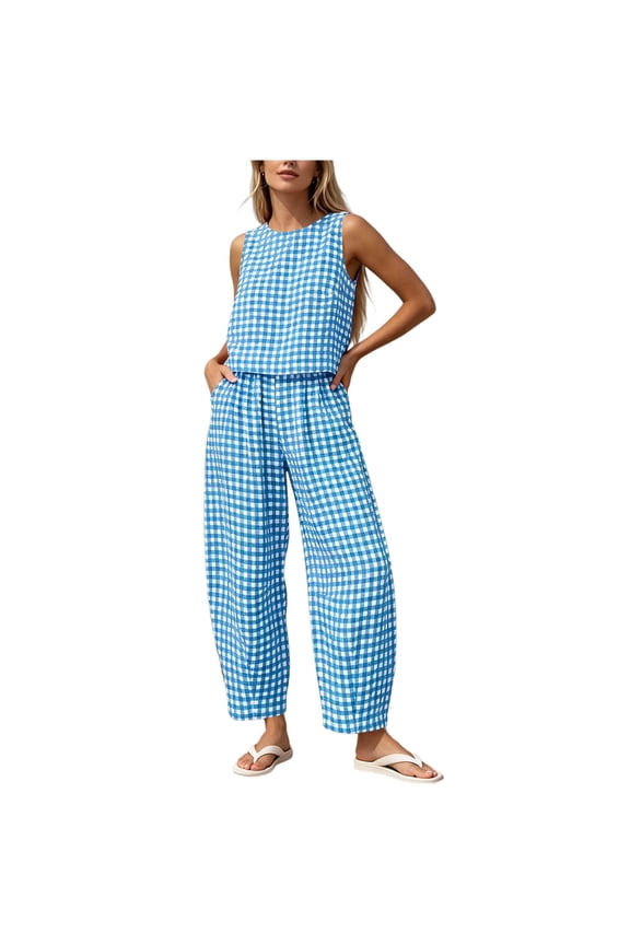 Summer 2 PC Set for Women Crew Neck Cropped Tank Tops Lantern Pants Gingham Linen Blend Outfit Set for Everyday Vacation Blue M