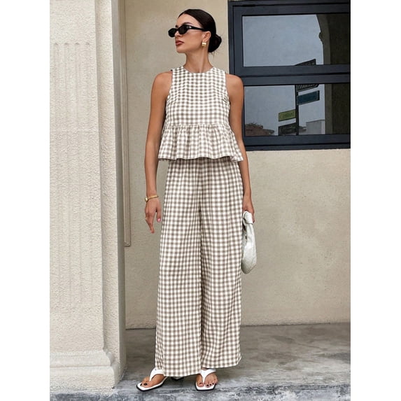 Summer 2 PC Set for Women Crew Neck Cropped Tank Tops with Palazzo Pants Gingham Outfit Set for Everyday Vacation Brown S
