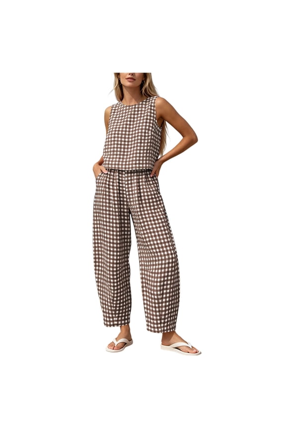 Summer 2 PC Set for Women Crew Neck Cropped Tank Tops Lantern Pants Gingham Linen Blend Outfit Set for Everyday Vacation Brown S