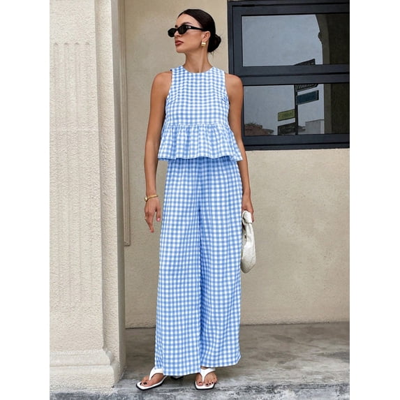 Summer 2 PC Set for Women Crew Neck Cropped Tank Tops Lantern Pants Gingham Outfit Set for Everyday Vacation Light Blue XL