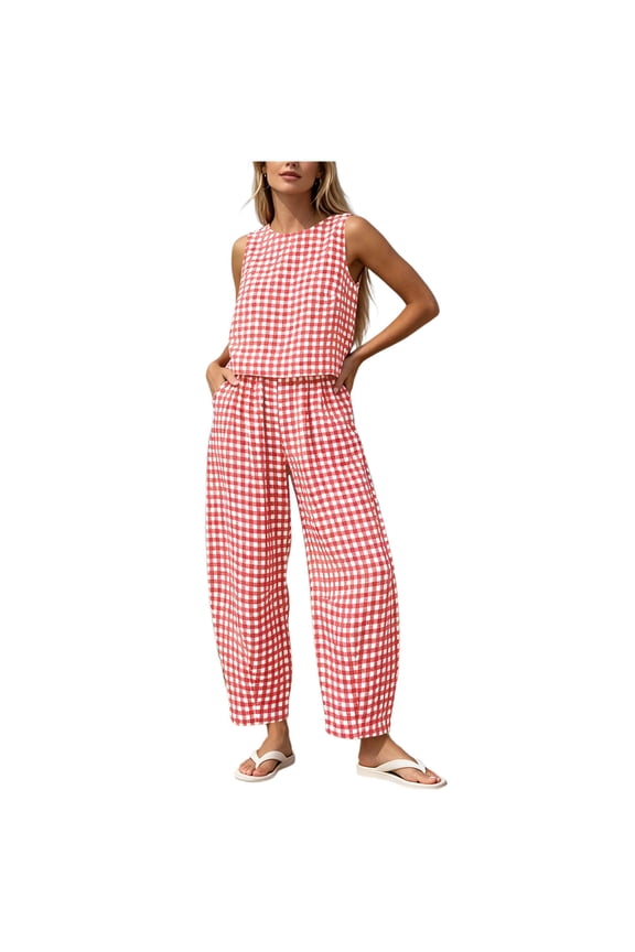 Summer 2 PC Set for Women Crew Neck Cropped Tank Tops Lantern Pants Gingham Linen Blend Outfit Set for Everyday Vacation Pink S