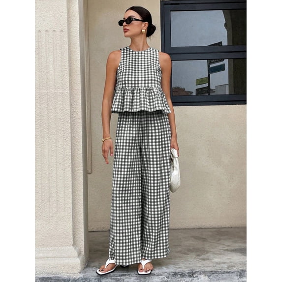 Summer 2 PC Set for Women Crew Neck Cropped Tank Tops with Palazzo Pants Gingham Outfit Set for Everyday Vacation Black M